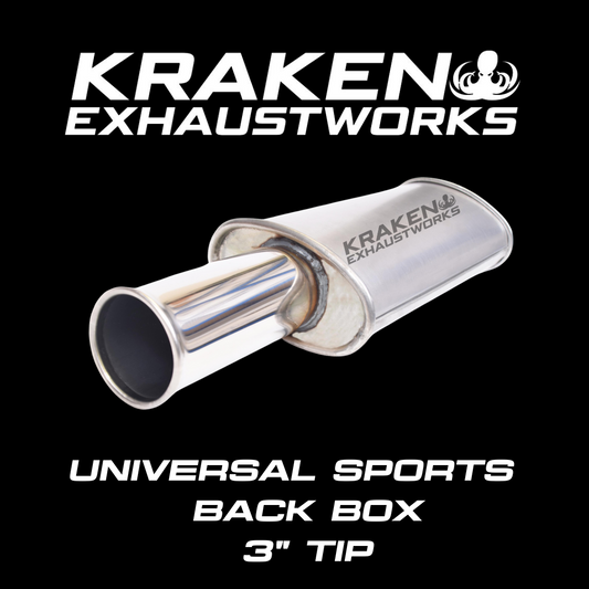 UNIVERSAL SPORTS BACK BOX, SILENCER, MUFFLER WITH FITTINGS - 76MM 3" TIP